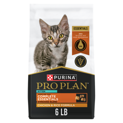 Una bolsa de 6 libras de alimento seco para gatitos Pro Plan Complete Essentials Mezcla Desmenuzada fórmula de pollo y arroz para gatos menores de un año.