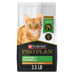 A 3 and a half pound bag of Pro Plan Indoor Plus Hairball chicken and rice formula dry cat food