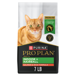 A 7 pound bag of Pro Plan Indoor Plus Hairball salmon and rice formula dry cat food