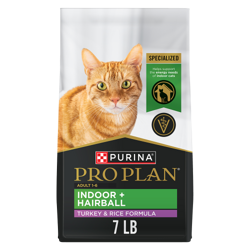 A 7 pound bag of Pro Plan Indoor Plus Hairball turkey and rice formula dry cat food
