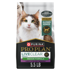 A 5 and a half pound bag of Pro Plan LiveClear allergen reducing indoor turkey formula dry cat food