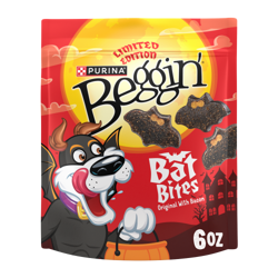6-ounce pouch of Purina Beggin Bat Bites Halloween dog treats with Hamlet the dog in a vampire costume under a full moon.
