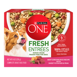 An 8 ounce package of Purina ONE Fresh Entrees Beef and Brown Rice recipe with peas and sweet potatoes fresh frozen dog food.