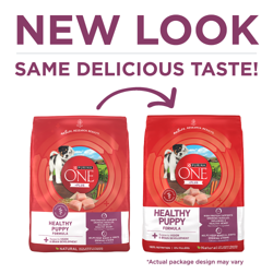 Purina ONE +Plus Healthy Puppy Formula Dry Dog Food has a new look with the same delicious taste.