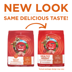 Purina ONE +Plus Healthy Weight High-Protein Formula Dry Dog Food has a new look with the same delicious taste.