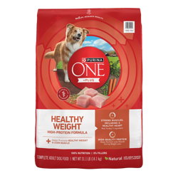 Bag of Purina ONE +Plus Healthy Weight High-Protein Formula Dry Dog Food.