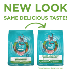 Purina ONE +Plus Indoor Advantage Turkey Dry Cat Food has a new look with the same delicious taste.