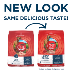 Purina ONE +Plus Large Breed Adult Formula Dry Dog Food has a new look with the same delicious taste.