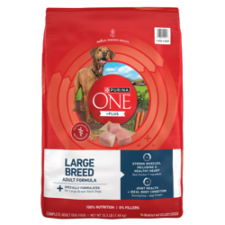 Bag of Purina ONE +Plus Large Breed Adult Formula Dry Dog Food.