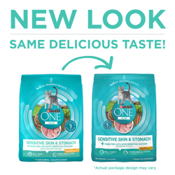 Purina ONE +Plus Sensitive Skin & Stomach Dry Cat Food has a new look with the same delicious taste.