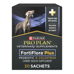 A 30 sachet box of Purina Pro Plan Veterinary Supplements FortiFlora Plus canine supplement with probiotic and colostrum.