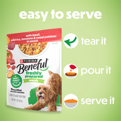 Six grams of complete protein per pouch. No artificial colors, flavors or preservatives. 100% complete and balanced for adult dogs.