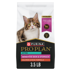 Pro Plan Kitten Sensitive Skin & Stomach Salmon & RiceFormula dry cat food bag.