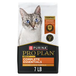 Pro Plan Adult 7+ Complete Essentials Chicken & RiceFormula dry cat food bag.