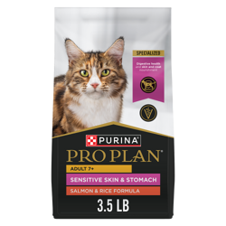 Pro Plan Adult 7+ Sensitive Skin & Stomach Salmon & RiceFormula dry cat food bag.