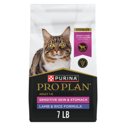 Pro Plan Adult Sensitive Skin & Stomach Lamb & Rice Formula dry cat food bag.