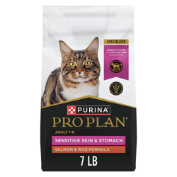Pro Plan Adult Sensitive Skin & Stomach Salmon & RiceFormula dry cat food bag.