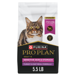 Pro Plan Adult Sensitive Skin & Stomach Turkey & Oat Meal Formula dry cat food bag.