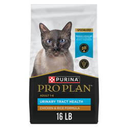 16 lb bag of Purina Pro Plan Adult Urinary Tract Health Chicken & Rice dry cat food.