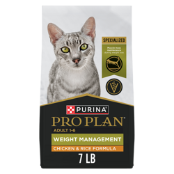Pro Plan Adult Weight Management Chicken & RiceFormula dry cat food bag.