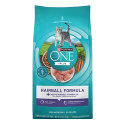 Bag of Purina ONE +Plus Hairball Formula Dry Cat Food.