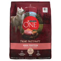 Bag of Purina ONE True Instinct High Protein with Real Beef & Salmon Dog Food.