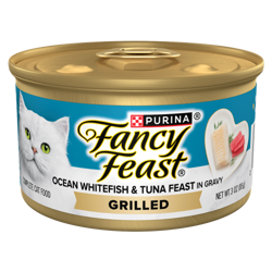 Fancy Feast Grilled Ocean Whitefish and Tuna Feast in Gravy 3 oz wet cat food can with white cat and fresh fish.