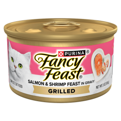 Fancy Feast Grilled Salmon and Shrimp Feast in Gravy 3 oz can wet cat food with a white cat on pink label.