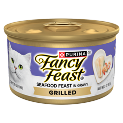 Fancy Feast Grilled Seafood Feast in Gravy 3 oz can wet cat food with a white cat on purple label.