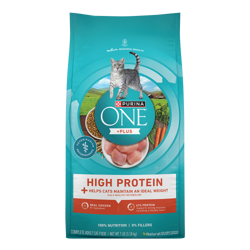 Bag of Purina ONE +Plus High Protein Ideal Weight with Chicken Dry Cat Food.