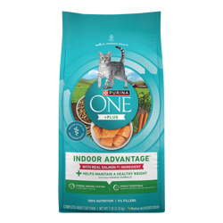 Bag of Purina ONE +Plus Indoor Advantage Real Salmon Dry Cat Food.
