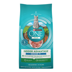 Bag of Purina ONE +Plus Indoor Advantage Senior 7+ Dry Cat Food.