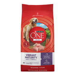 Bag of Purina ONE +Plus Vibrant Maturity Adult 7+ Formula Dry Dog Food.