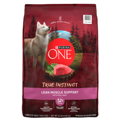 Bag of Purina ONE True Instinct Lean Muscle Support High Protein Dog Food.