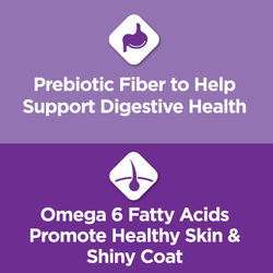con fibra prebiótica para favorecer la salud digestiva y ácidos grasos omega 6 para mantener la piel sana y el pelaje brillante