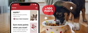 myPurina app showing HAPPi activity and +100 points over an image of a puppy eating from bowl