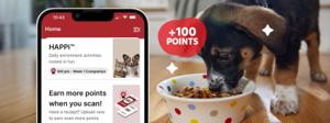 myPurina app showing HAPPi activity and +100 points over an image of a puppy eating from bowl
