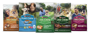 A lineup shows a variety of Purina Dog Chow dry dog food.