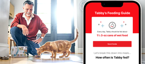Man sitting chair with cat eating Fancy Feast and a phone with the Pet Feeding Guide app displayed