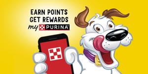 Hamlet excitedly holding a phone promoting “Earn points, get rewards, myPurina”