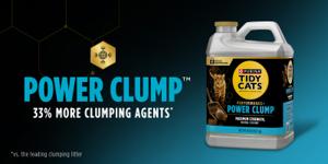 Purina Tidy Cats Performance+ Power Clump cat litter featuring 33% more clumping agents for maximum strength and minimal sticking