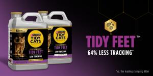 Purina Tidy Cats Performance+ Tidy Feet low tracking cat litter with 64% less tracking claim, shown in clean linen scented and unscented jugs