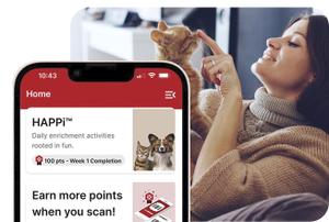 Woman playing with cat behind a mobile phone showing the HAPPi app
