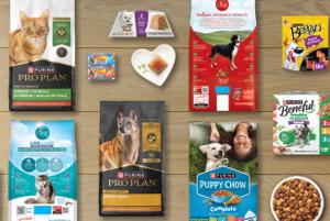 Collection of Purina pet food products and ingredient examples displayed together.