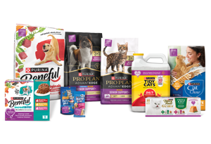 Selection of Purina products supporting the Purple Leash Project to help domestic abuse survivors and their pets.