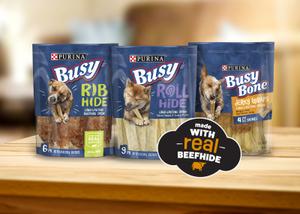 A product lineup of Busy Hide and Jerky chews with Real Beefhide.