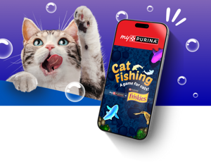 Cat Fishing game in myPurina featuring a cat reaching toward fish on a smartphone screen with myPurina and Friskies branding.