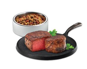 A bowl of dry dog food kibble sits behind a cast iron plate topped with cooked steak