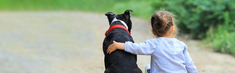 child and dog friends sitting on the ground. The child has their arm around their dog