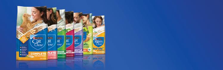 A lineup of Purina Cat Chow dry cat food packages on a blue background